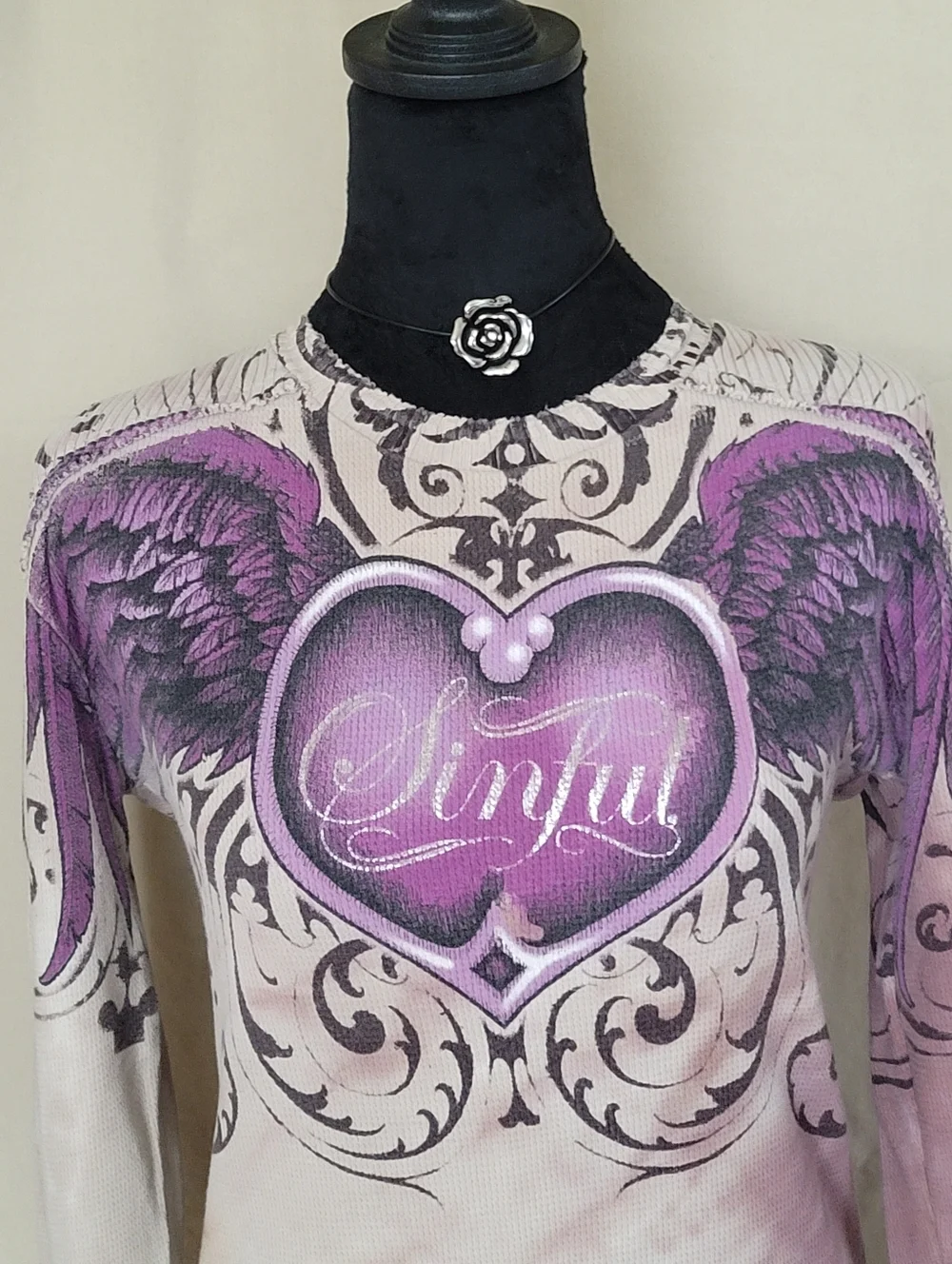 Sinful Women's Purple Heart & Wing Long Sleeve Top - Picture 3 of 7